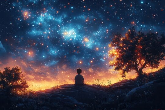 illustration of a boy gazing at the starry night sky filled with twinkling stars and cosmic wonder capturing a sense of dreaminess and curiosity in a tranquil setting