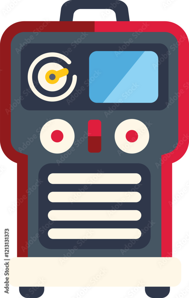 Poster inverter welding machine standing on wheels and showing control panel with buttons and display