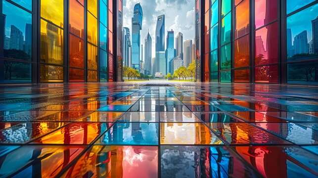 Urban plaza showcasing a modern sculpture as an artistic centerpiece in a dynamic composition, reflecting contemporary design and vibrant colors in high definition.