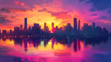 Obraz premium Stunning city skyline at sunset with vibrant colors reflected in water. Vibrant Horizon. Illustration