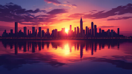 Stunning skyline at sunset with reflections on water. Vibrant Horizon. Illustration