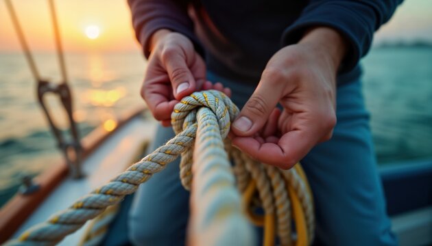 Close-up view of skilled hands tying knot on sailboat rope at sunset. Man works on boat deck. Sunset colors highlight action. Peaceful scene. Experienced sailor carefully ties knot. Ocean breeze,
