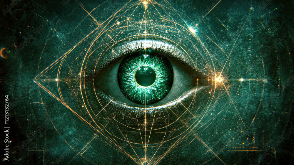 Poster exploring the depths of sacred geometry with a vibrant all-seeing eye symbol