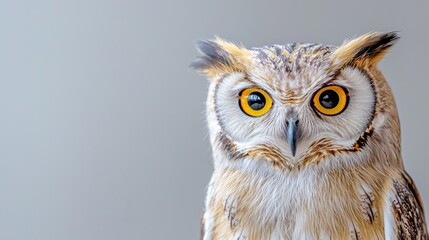 Fototapeta premium Majestic eagle owl looks directly forward with bright yellow eyes against a neutral grey studio background.