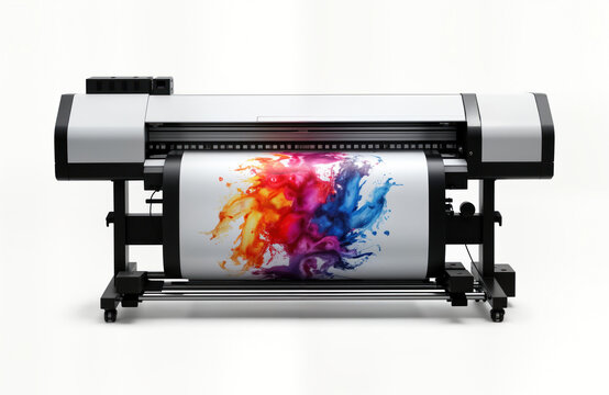 Modern large format printer machine prints colorful abstract design on large banner media. Colorful samples show vibrant inks, tech printing process. Industrial design machine for commercial use