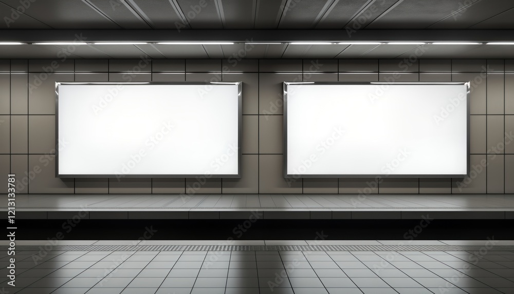 Aufkleber Empty subway platform two large blank billboards on opposite walls. Modern architectural elements, clean design create inviting space for advertising. Minimal foot traffic makes ideal setting for