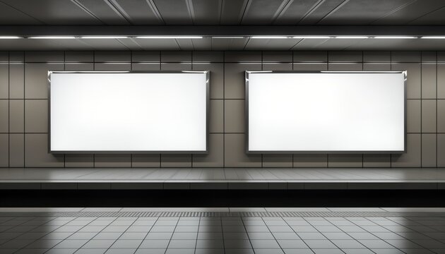 Empty subway platform two large blank billboards on opposite walls. Modern architectural elements, clean design create inviting space for advertising. Minimal foot traffic makes ideal setting for - Powered by Adobe