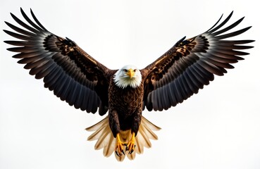 Obraz premium Majestic bald eagle soars high in sky. Wide wings spread wide against white background. Powerful bird of prey. Bird in flight. Freedom, strength. Wildlife photo. Nature image. Eagle hunter. Animal