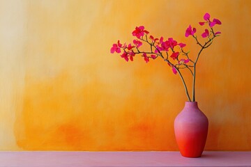 Pink flowers, orange vase, ombre wall, home decor