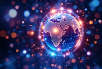 Digital Earth globe with glowing light rings and network connections on dark blue background with bokeh effect. Global technology concept for business and web design