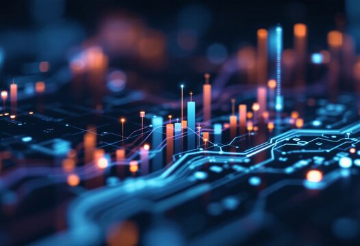 Digital financial chart with glowing bars and market data visualization in blue and orange neon colors. Business analytics dashboard. Technology background for finance presentation