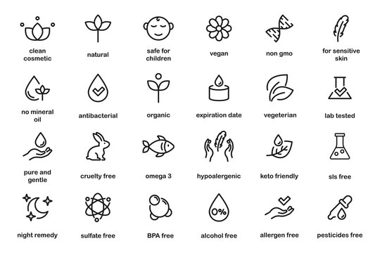Organic cosmetics icon set. Eco cosmetics icon. Eco friendly, sensitive skin, vegan, paraben, antibacterial, allergen free, lab tested