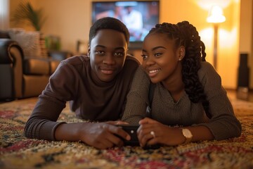Fototapeta premium Young Couple Relaxing on the Carpet and Watching TV at Home