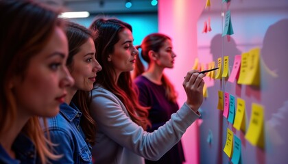 Diverse marketing team brainstorm session. Women writing ideas on sticky notes. Modern workspace. Creative collaboration, teamwork essential. Ideas, concepts visible on wall. Group focused,
