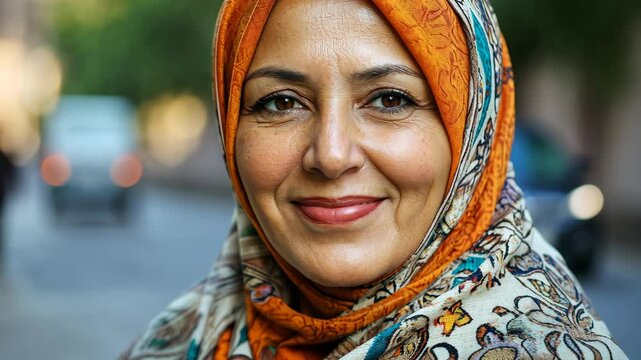Warm smiling expression of woman in colorful scarf on urban street