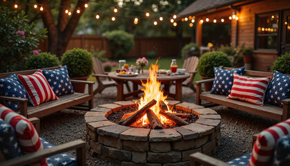 Patriotic backyard with fire pit and string lights