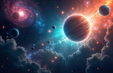 Obraz premium Vast panorama of space. Planets orbit amidst nebulae, galaxies. Deep space scene. Many celestial bodies light up dark cosmos. Large-scale structure illustration. Cosmic landscape. Colorful nebulas.