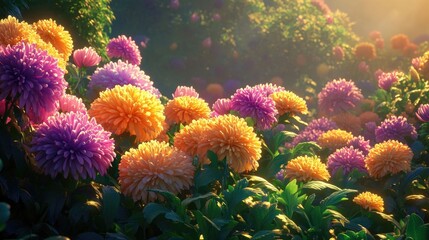 Obraz premium A Vibrant Garden of Chrysanthemums in Full Bloom with Soft Sunlight Illumination