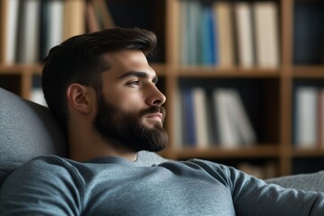 Obraz premium Side profile of a thoughtful man sitting on a couch with bookshelves in the background. Introspective mood. Concept of contemplation and personal reflection.