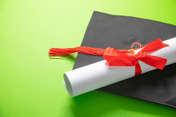 Graduation hat and diploma on the green background.
