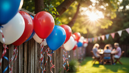 Patriotic balloons at outdoor party with sunlight