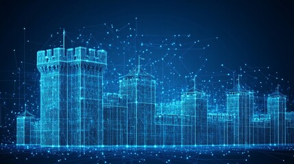 Fototapeta premium Digital Fortress Castles Outlined In Nodes And Lines Representing Cybersecurity Or Virtual Reality