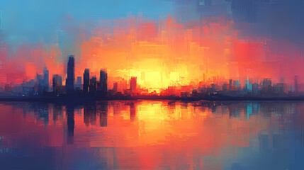 Naklejka premium Abstract skyline reflection at sunset with vibrant colors. Vibrant Horizon. Illustration