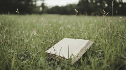 Open book lying on lush green grass in a park.