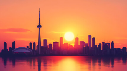 Obraz premium City skyline silhouetted against a vibrant orange sunset with an urban twilight landscape. Vibrant Horizon. Illustration