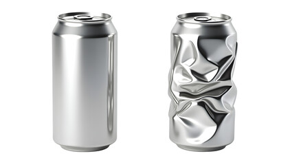 shiny silver soda can and a crushed can isolated on a white background perfect for branding, recycling concepts or beverage presentations	