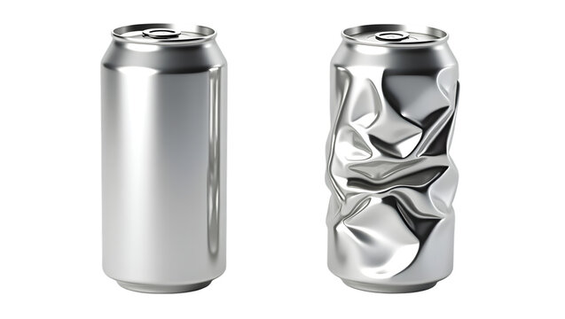 shiny silver soda can and a crushed can isolated on a white background perfect for branding, recycling concepts or beverage presentations	