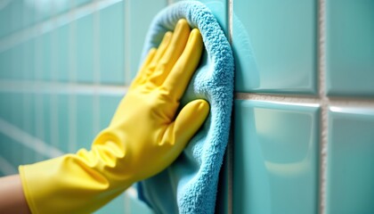 Gloved hand cleans mint green tile wall in bathroom. Person uses blue cleaning cloth to remove dirt, grime. Focuses on cleaning grout joints, seams for hygiene, cleanliness. Tidy bathroom space.