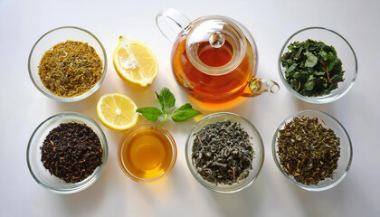 A variety of loose tea leaves in small bowls, accompanied by a glass teapot, honey jar, lemon slices, and mint leaves, arranged on a white background with natural lighting.