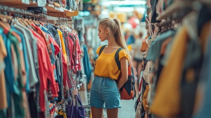 Obraz premium Young Woman Shopping in Clothing Store Aisle for Fashion Inspiration