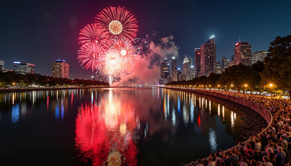 Fireworks over city skyline reflecting in water at night