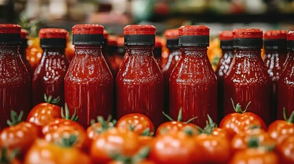 Ketchup bottles, tomatoes, market, display, sale