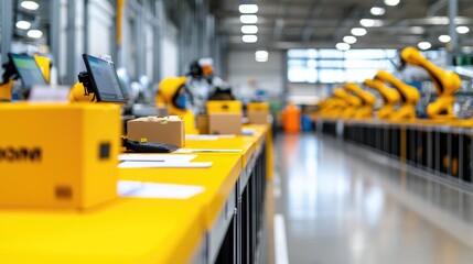 Fototapeta premium Automated warehouse, robots sort packages, industry, logistics