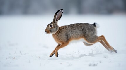Obraz premium Majestic Hare's Leap Across a Snowy Meadow