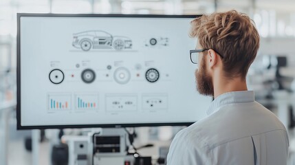 A bearded engineer wearing glasses examines a digital screen displaying automotive schematics, data charts, and technical diagrams in a modern workspace.