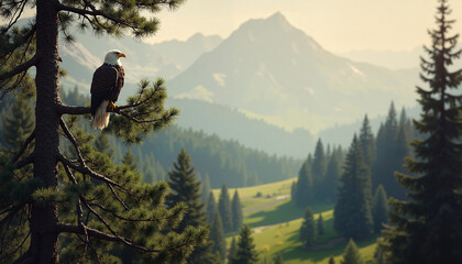Naklejka premium Majestic eagle perched on pine branch overlooking mountain valley