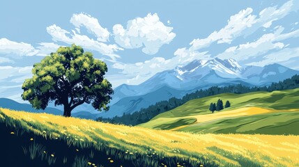 Fototapeta premium Solitary Tree in a Verdant Mountain Valley Landscape