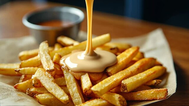 Delicious cheese sauce poured over crispy french fries with sauce in background