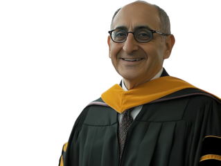 Older graduate in cap and gown holding a diploma, smiling confidently. PNG transparent.