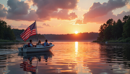 Boat with American flag at sunset on lake