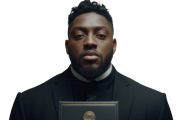 Graduate wearing a tailored suit under the cap and gown, holding a diploma. PNG transparent.