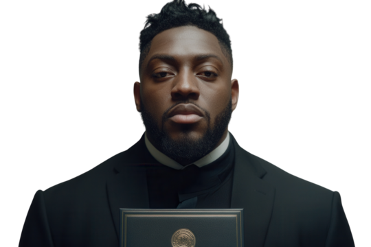 Graduate wearing a tailored suit under the cap and gown, holding a diploma. PNG transparent.