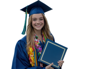 Graduate holding a diploma and a chalkboard with “Thank You, Teachers!” written on it. PNG transparent.