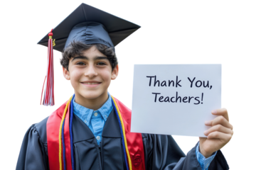 Graduate holding a diploma and a chalkboard with “Thank You, Teachers!” written on it. PNG transparent.