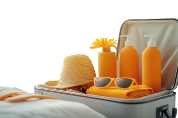 Open suitcase packed with summer essentials. PNG transparent.