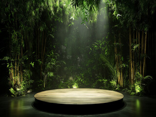 Serene Bamboo Podium: Minimalist Product Display with Soft Lighting, Earthy Tones, Perfect for      